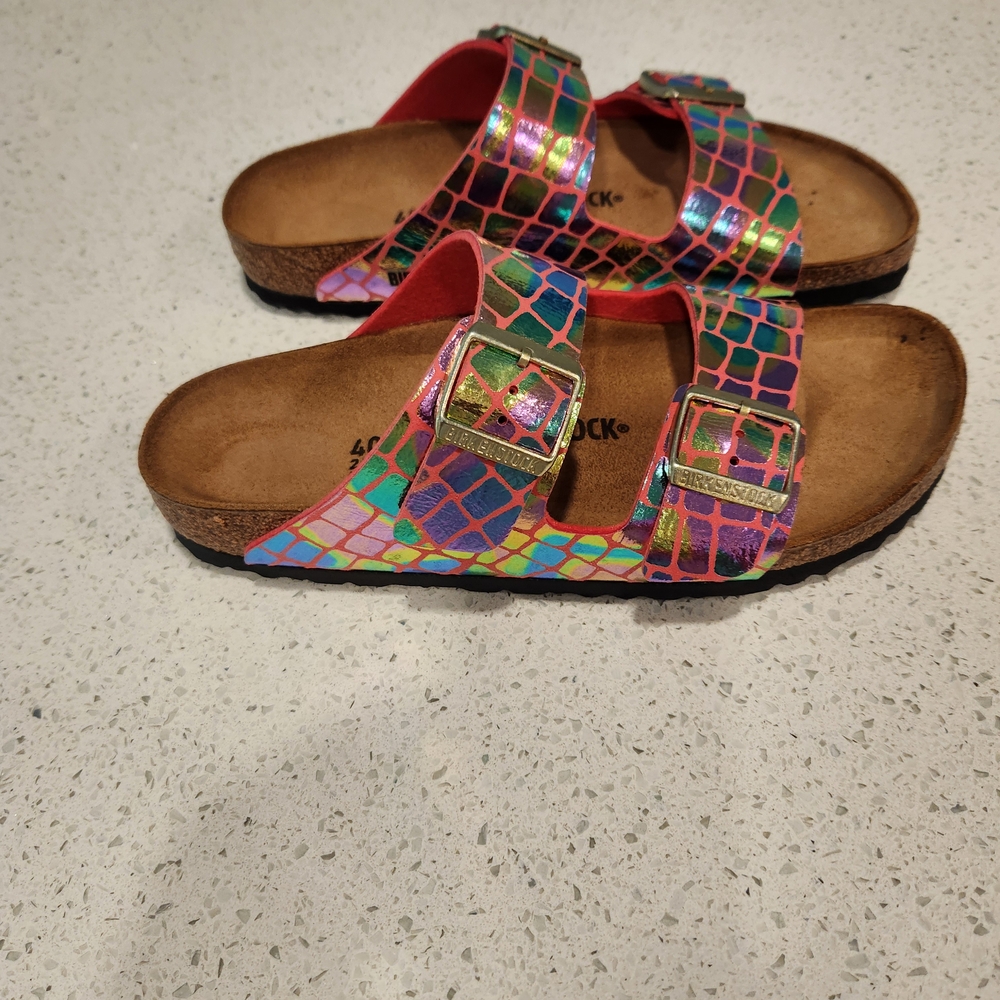 Birkenstock Pink and Green Sandals with Cork Footbed